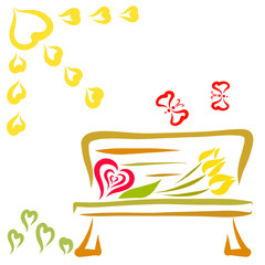 Obraz premium a bouquet of flowers and a heart on a bench, butterflies, the sun and flowers