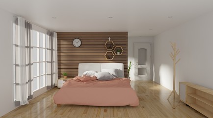 Living coral style and Modern bedroom interior decor concept,king size bed,3d rendering