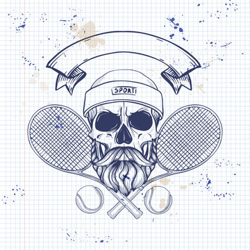 Sketch, Skull With Tennis Racquet, Tennis Ball, Sweat Band And Mustaches And Beard On A Notebook Page