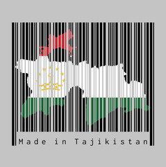 Barcode set the shape to Tajikistan map outline and the color of Tajikistan flag on black barcode with grey background, text: Made in Tajikistan.