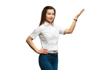 Portrait of a young business girl showing hand sign to the right and upwards isolated on white background.