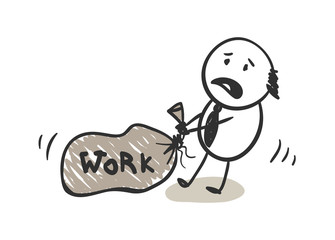 Hard work. Funny man dragging a large bag, vector illustration.