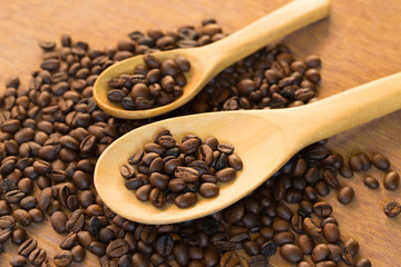 Coffee beans with spoon wood