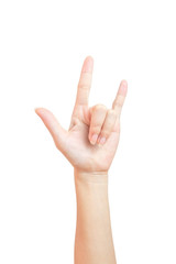 A woman's hand lifted a thumbs up symbol I love you isolated on white background and clipping path