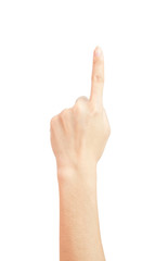 A woman's hand lifted a thumbs up symbol. For the number one isolated on white background and clipping path