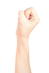 A woman's hand lifted a thumbs up symbol fist Represents the fight isolated on white background and clipping path
