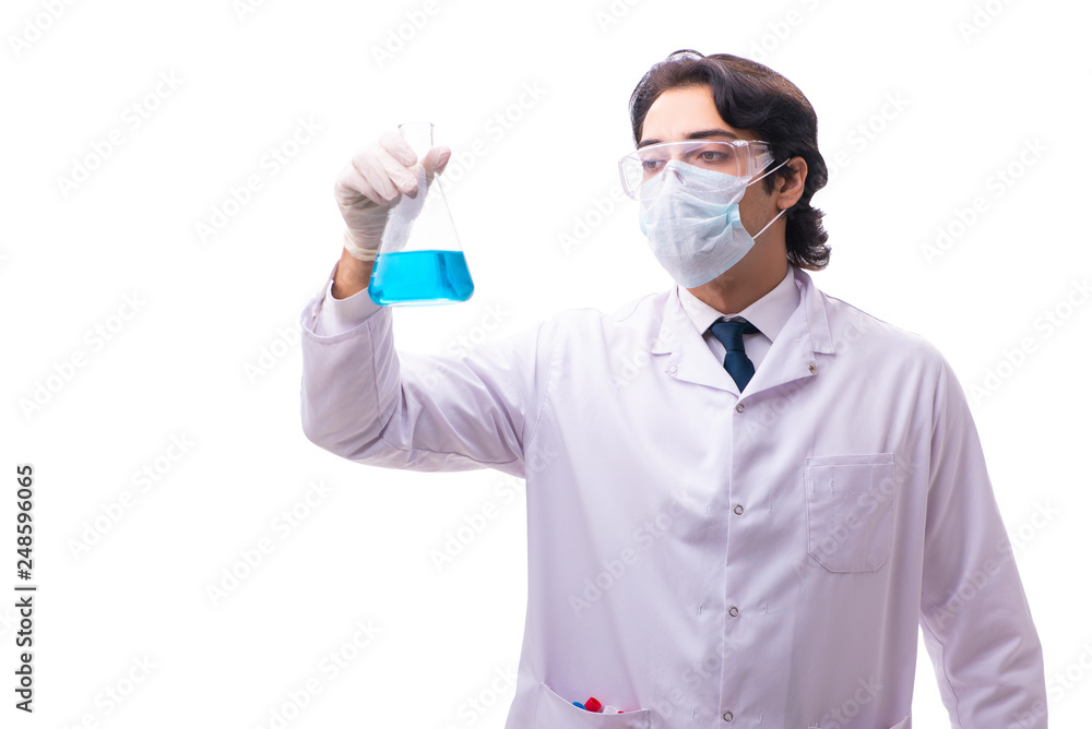 Wall mural young chemist isolated on white background