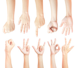 set of hands women caucasian signs gestures multiple isolated on white background and clipping path.