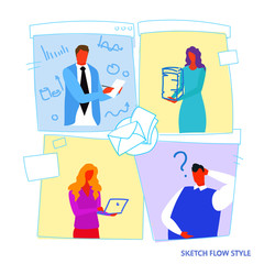 set different poses businesspeople office workers working process concept male female cartoon characters portrait sketch flow style