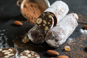 Chocolate salami with nuts