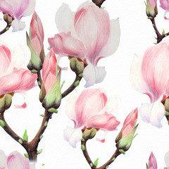 Magnolia. Watercolor. Seamless pattern. Branches are flowering. Wallpaper. Use printed materials, signs, posters, postcards, packaging.