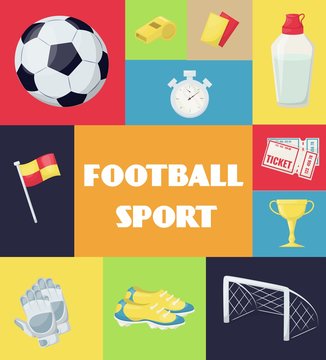 Football sport equipment soccer ball hobby training vector illustration. Playing sportswear professional tools.