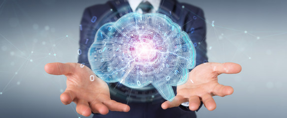 Businessman creating artificial intelligence in a digital brain 3D rendering