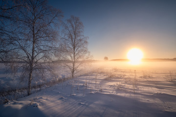 Fototapeta na wymiar Scenic winter landscape with sunrise and fog at morning in Finland