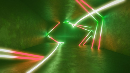 4k 3d render, looped animation tunnel, abstract seamless background, fluorescent ultraviolet light, glowing neon lines, moving forward inside endless tunnel, red green spectrum, modern colorful