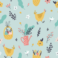 Materiał do szycia Cute Easter seamless pattern with hen, eggs in basket, flowers, branches, leaves and berries. Endless Spring background.