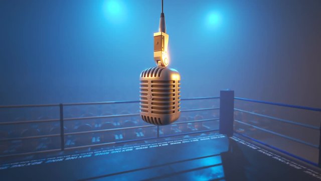 Animation With Metal Vintage Microphone Hanging Down Above The Empty Boxing Ring