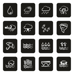 Rain or Rain Flood Icons Freehand White On Black 