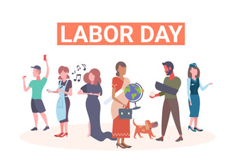 Obraz premium labor day poster people of different professional occupation holiday celebration concept mix race workers standing together isolated full length flat horizontal