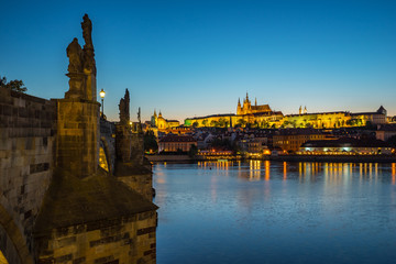 Fototapeta premium Prague city skyline with view of Vltava River in Prague, Czech Republic day to night