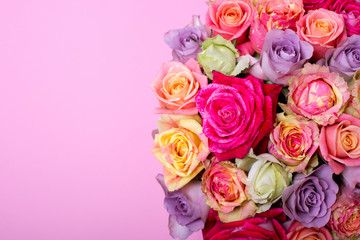 Beautiful bouquet of roses in a gift box. Bouquet of pink roses. Pink roses close-up. on pink background, with space for text.