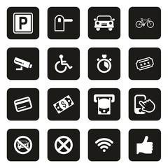 Parking or Parking Lot Icons White On Black 