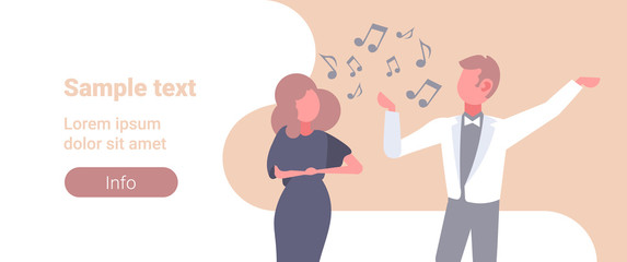 elegant couple opera singers man woman singing song wearing elegant clothes music band concept male female cartoon characters portrait flat horizontal copy space