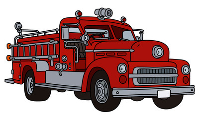The vectorized hand drawing of an old red fire truck - 248601067