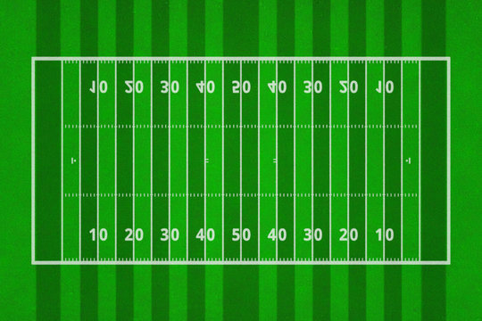 Top views of american football field. Green grass pattern for sport background. Ragby football field with white lines marking the pitch. 3d illustration