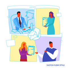 woman secretary brings document stack to businessman boss paperwork concept overworked business people male female cartoon characters portrait sketch flow style