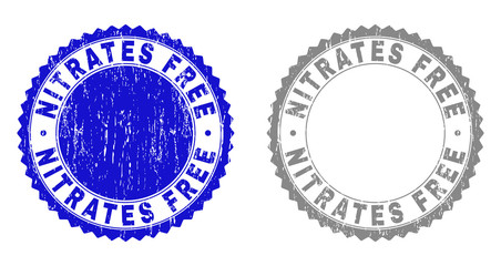 Grunge NITRATES FREE stamp seals isolated on a white background. Rosette seals with distress texture in blue and gray colors. Vector rubber stamp imitation of NITRATES FREE tag inside round rosette.