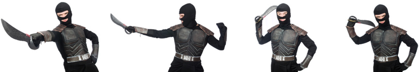 Young funny man in armour suit