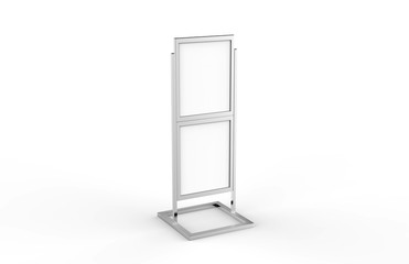 Free standing poster display holder metal stand, mock up template on isolated white background, ready for design presentation, 3d illustration
