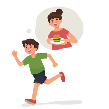 vector illustration kid running and miss his mother's burger, boy running because hungry and miss his mother cook