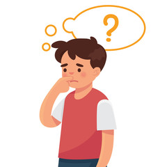 vector illustration student boy is thinking with bubble words and question sign