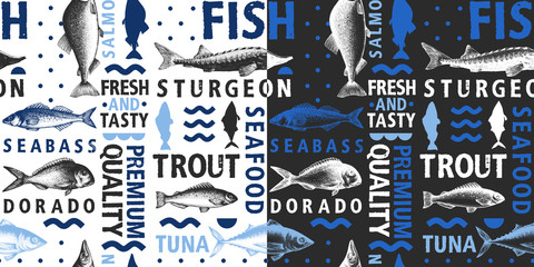 Typographic vector fish seamless pattern on light and dark background. Types of fishes and hand drawn illustrations for menu and packaging. Retro style.