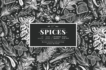 Culinary herbs and spices banner template. Vector background for design menu, packaging, recipes, label, farm market products. Hand drawn vintage botanical illustration on chalk board. © lubovchipurko