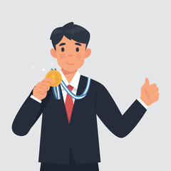 vector illustration worker man holding medal as rewards for his achievement, happy worker show his medal