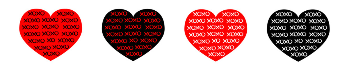 Black, red heart line icon set. Xoxo phrase sketch saying. Hugs and kisses. Happy Valentines day sign symbol. Love greeting card. Cute graphic object. Flat design style. Isolated. White background.
