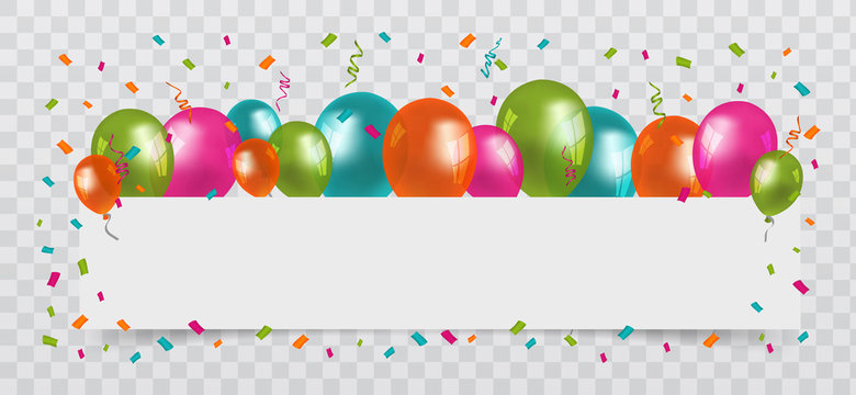 Colourful Balloons with confetti and streamers white Paper free Space. Transparent background. Party, Birthday and Carnival Vector.