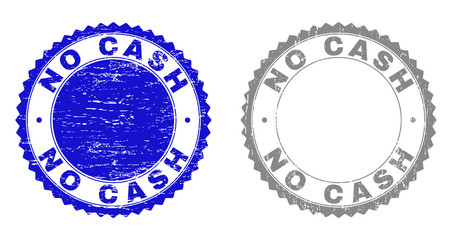 Grunge NO CASH stamp seals isolated on a white background. Rosette seals with grunge texture in blue and grey colors. Vector rubber stamp imprint of NO CASH text inside round rosette.
