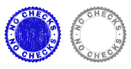 Grunge NO CHECKS stamps isolated on a white background. Rosette seals with grunge texture in blue and gray colors. Vector rubber stamp imprint of NO CHECKS title inside round rosette.
