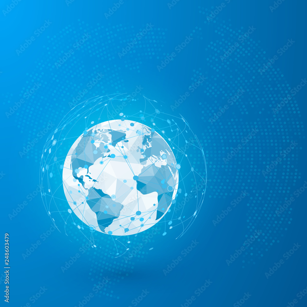 Poster Global network. Point connecting network. World map point and lines and triangles. Vector Illustration