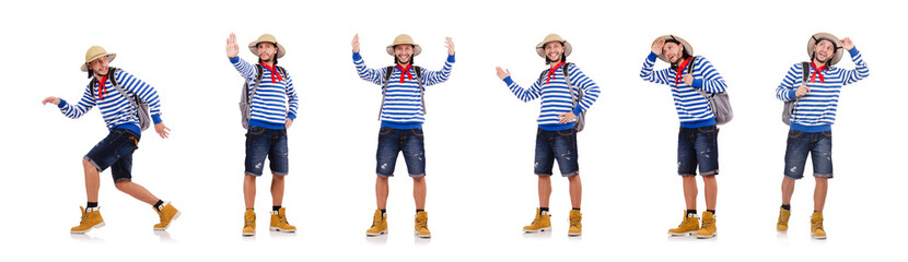 A tourist with bags isolated on white