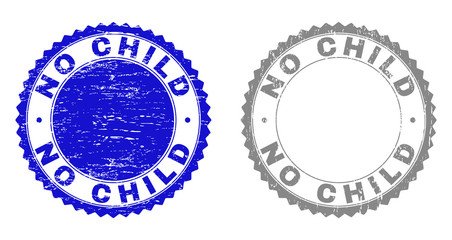 Grunge NO CHILD stamp seals isolated on a white background. Rosette seals with grunge texture in blue and gray colors. Vector rubber stamp imprint of NO CHILD tag inside round rosette.