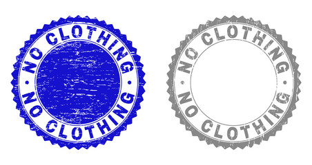 Grunge NO CLOTHING stamp seals isolated on a white background. Rosette seals with distress texture in blue and gray colors. Vector rubber stamp imprint of NO CLOTHING caption inside round rosette.