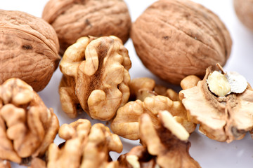 Walnuts on a white background.