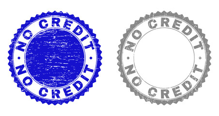 Grunge NO CREDIT stamp seals isolated on a white background. Rosette seals with grunge texture in blue and gray colors. Vector rubber watermark of NO CREDIT tag inside round rosette.