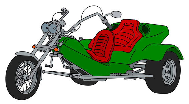 The hand drawing of a green heavy motor tricycle