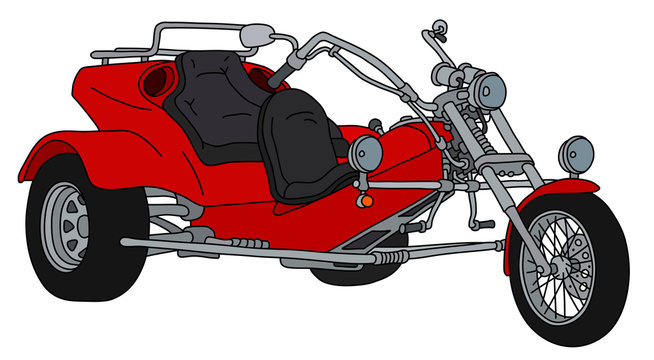 The hand drawing of a red heavy motor tricycle